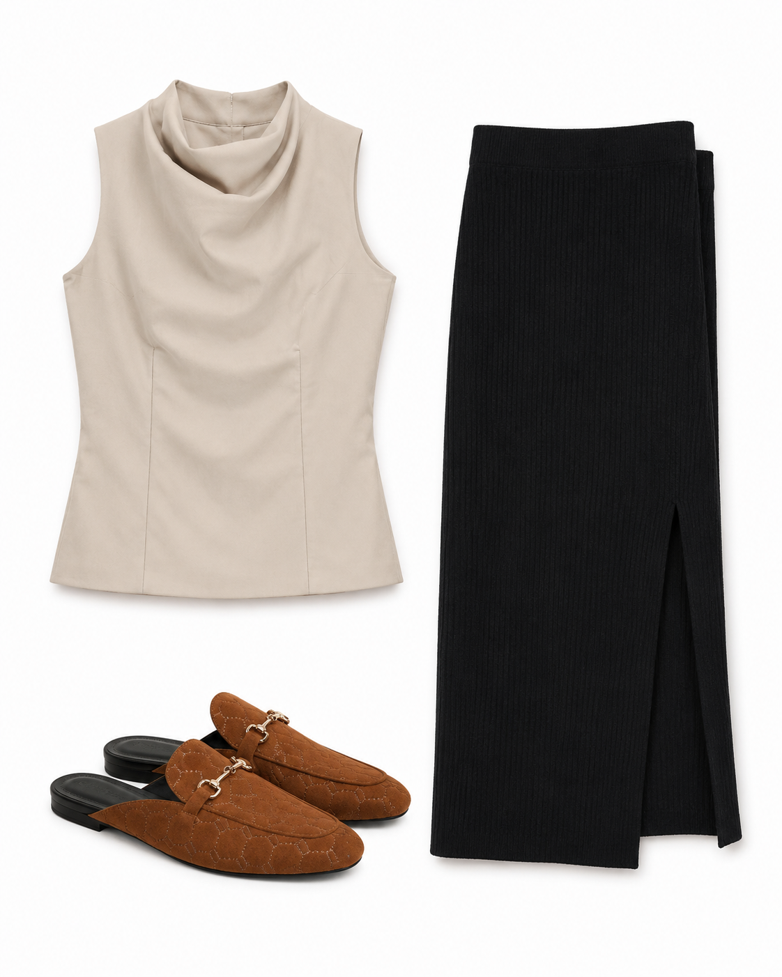 Cream Cowl Top, Black Midi Skirt & Brown Mule Loafers