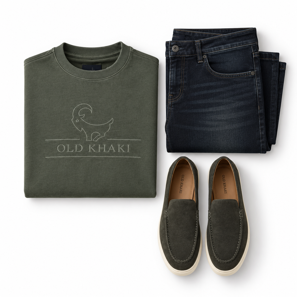 Olive Crewneck, Dark Denim & Suede Loafers