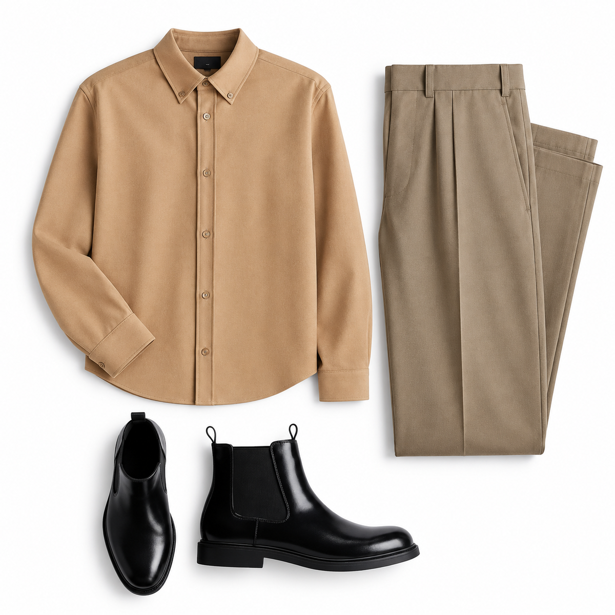 Camel shirt taupe trousers / black Chelsea boots