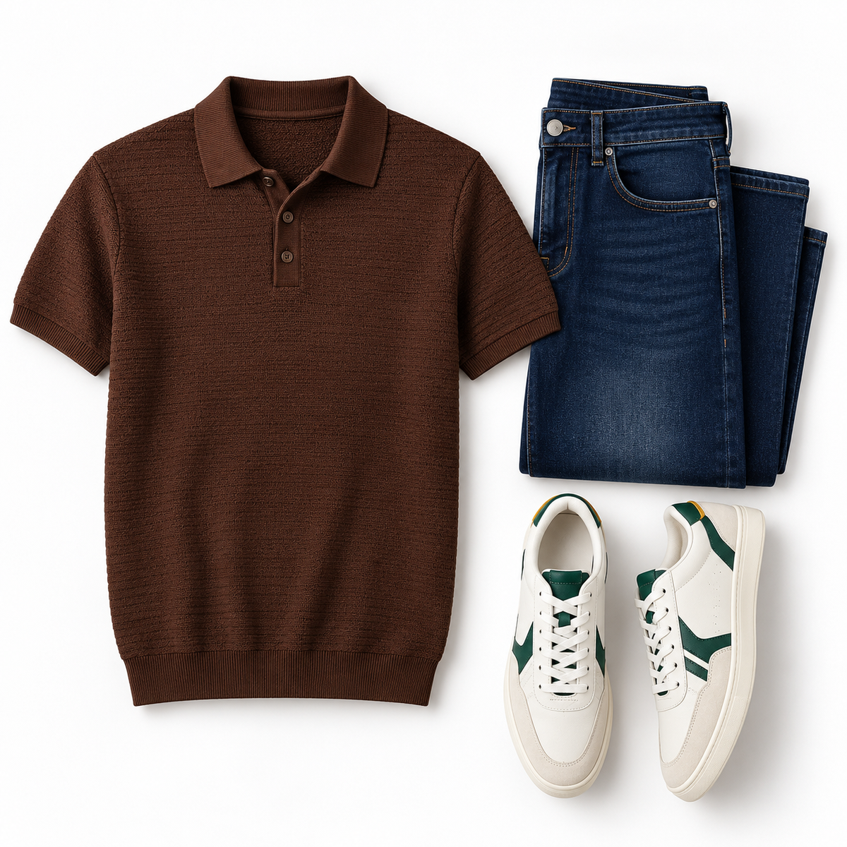 Chocolate Brown Polo, Dark Denim & White Sneakers