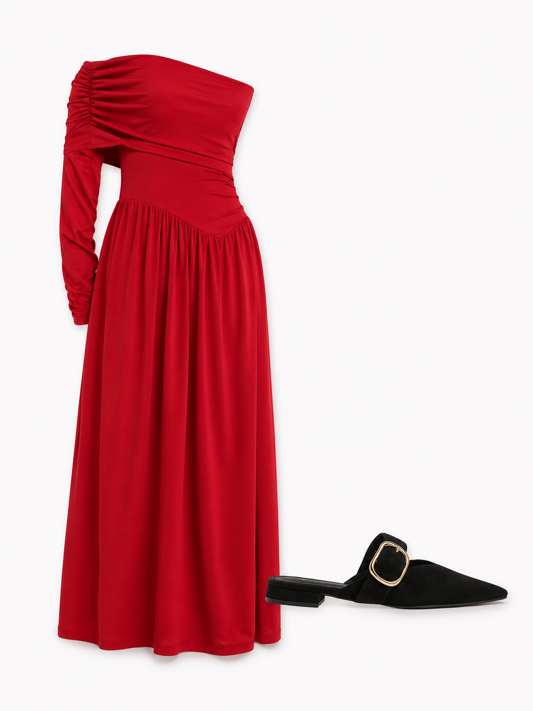 Red One-Shoulder Maxi Dress & Black Buckle Mules