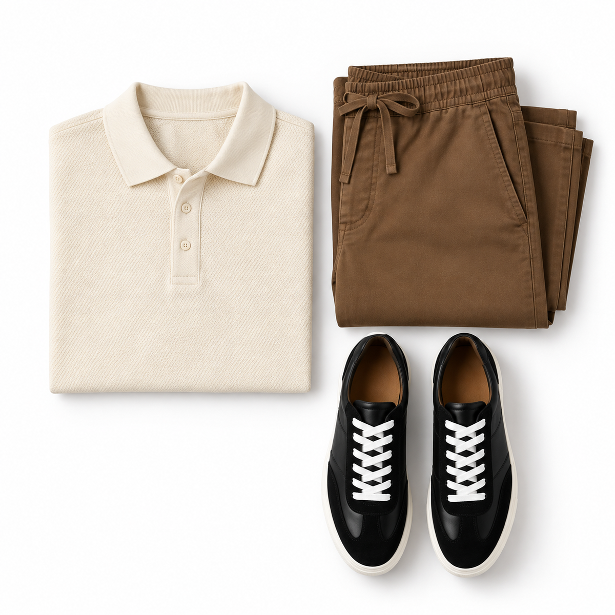 Cream Textured Polo, Brown Trousers & Black Sneakers