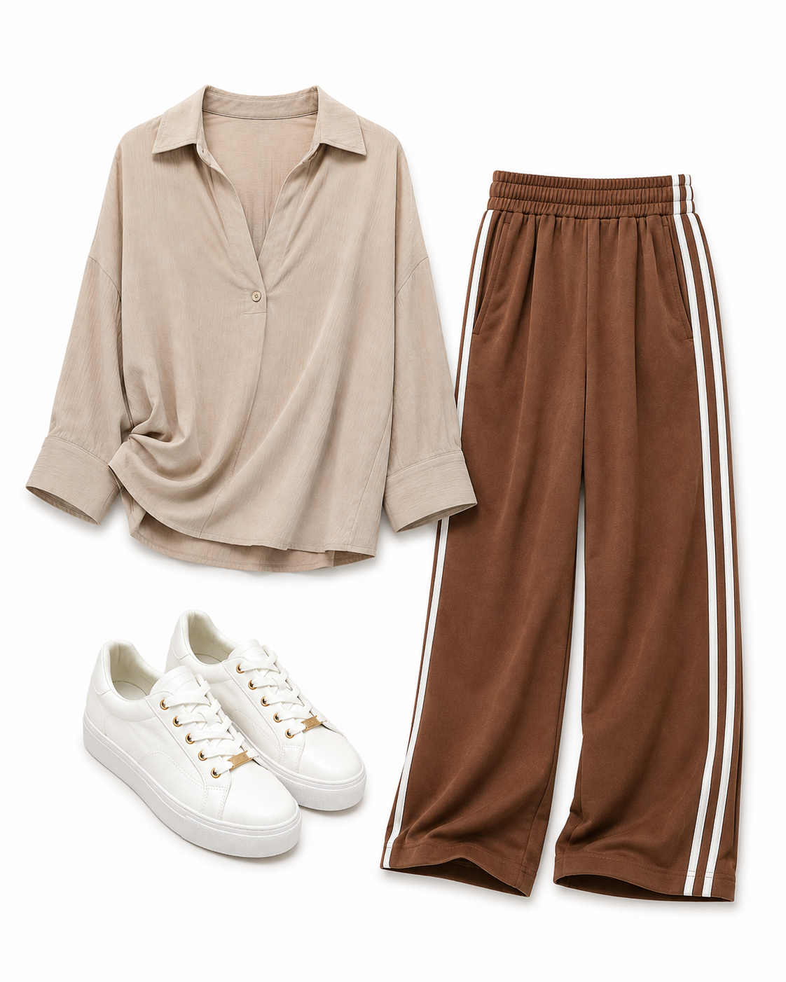 eige Relaxed Shirt, Brown Wide-Leg Track Trousers & White Sneakers