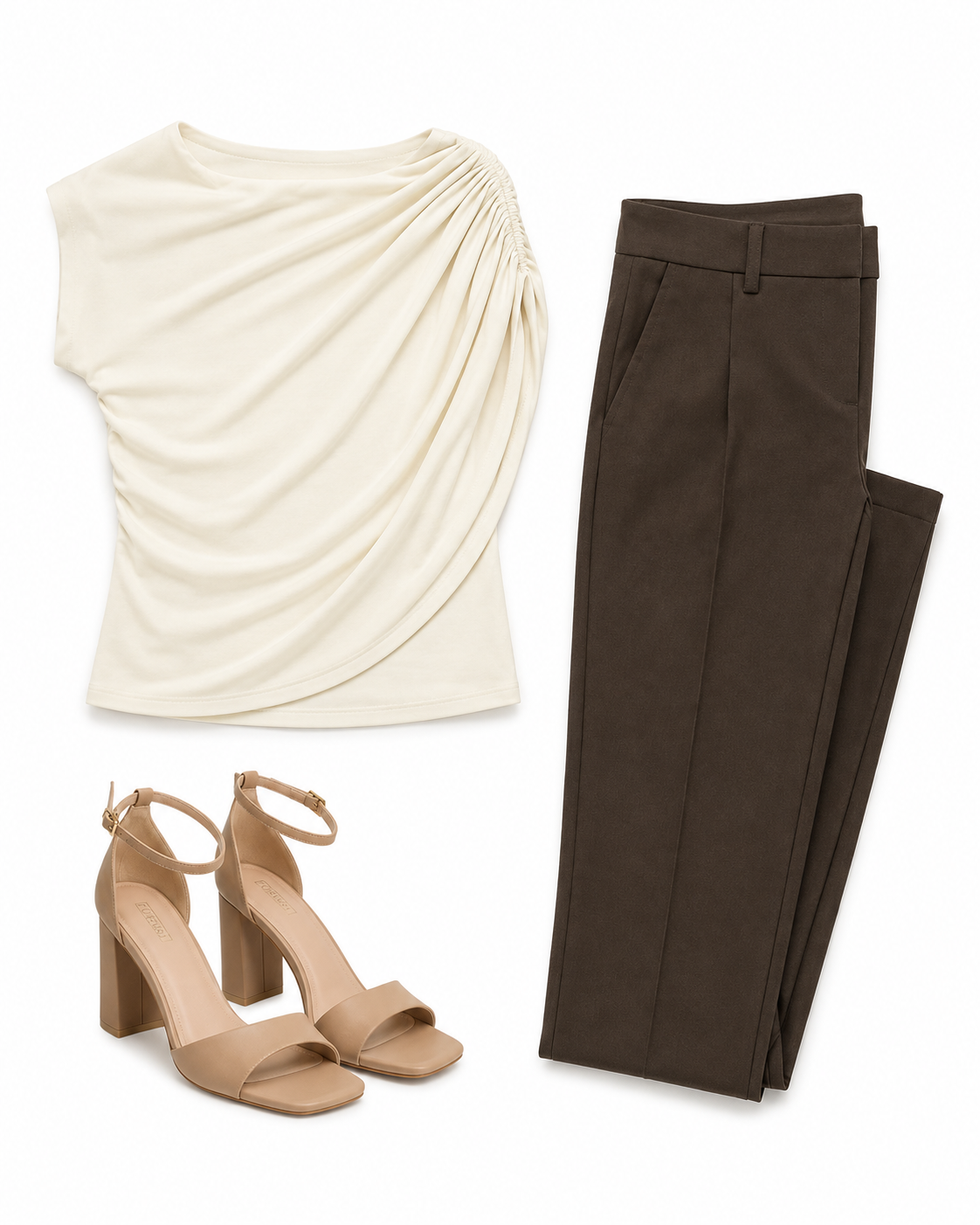 Cream Draped Top, Brown Tailored Trousers & Nude Block Heels