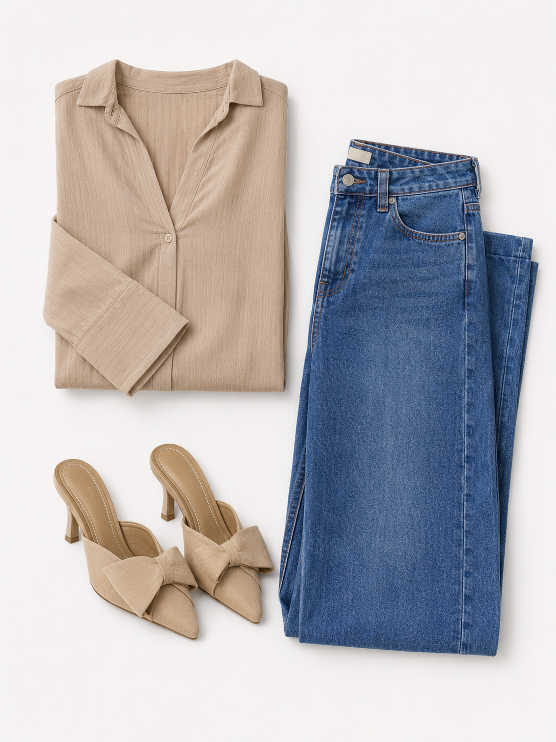Beige Relaxed Shirt, Blue Wide-Leg Jeans & Beige Bow Mules