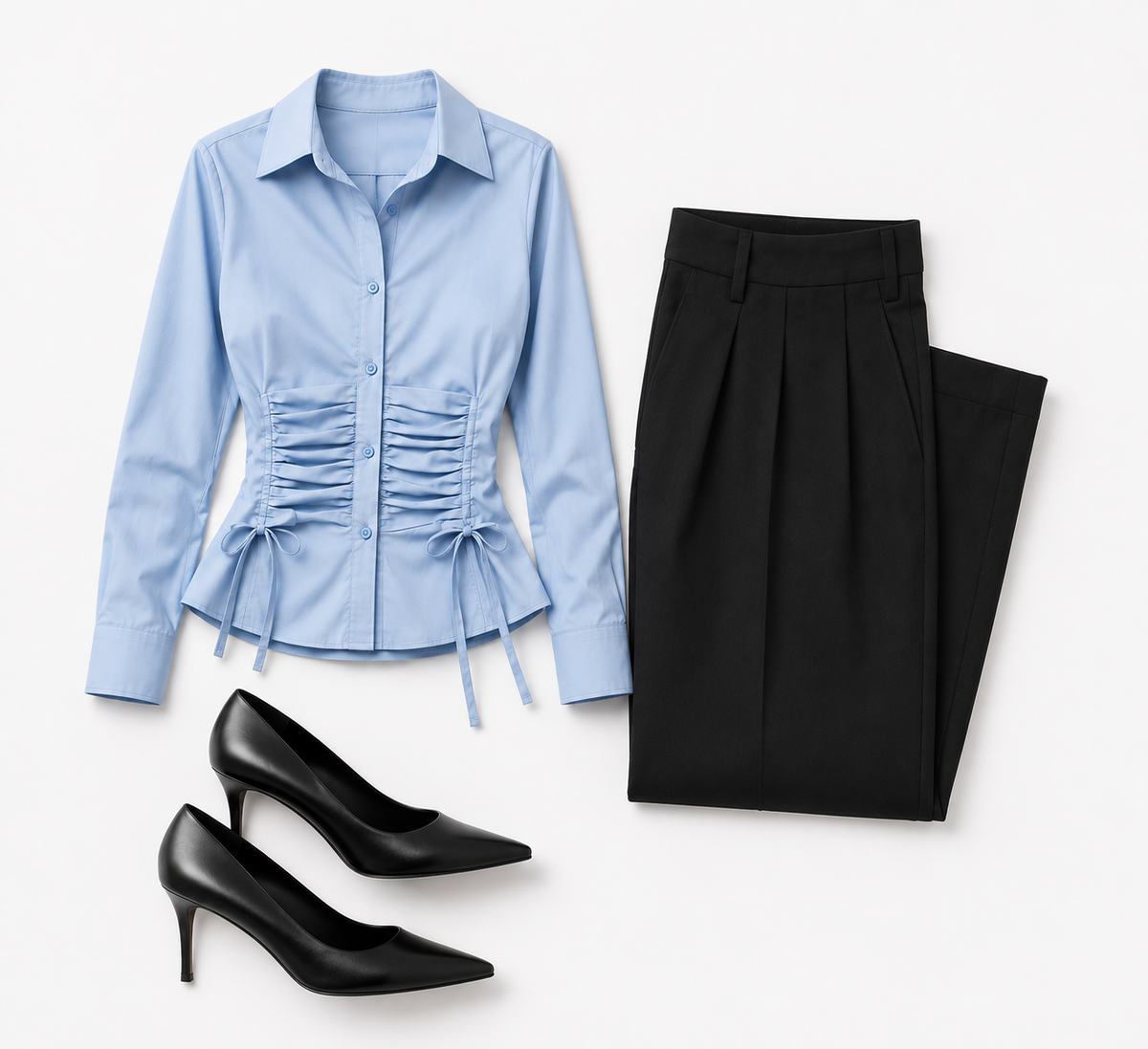 Blue Ruched Shirt, Black Tailored Trousers & Black Pointed Heels