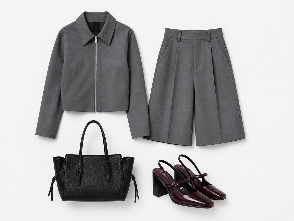 Grey Zip Jacket, Tailored Bermuda Shorts & Burgundy Slingback Heels