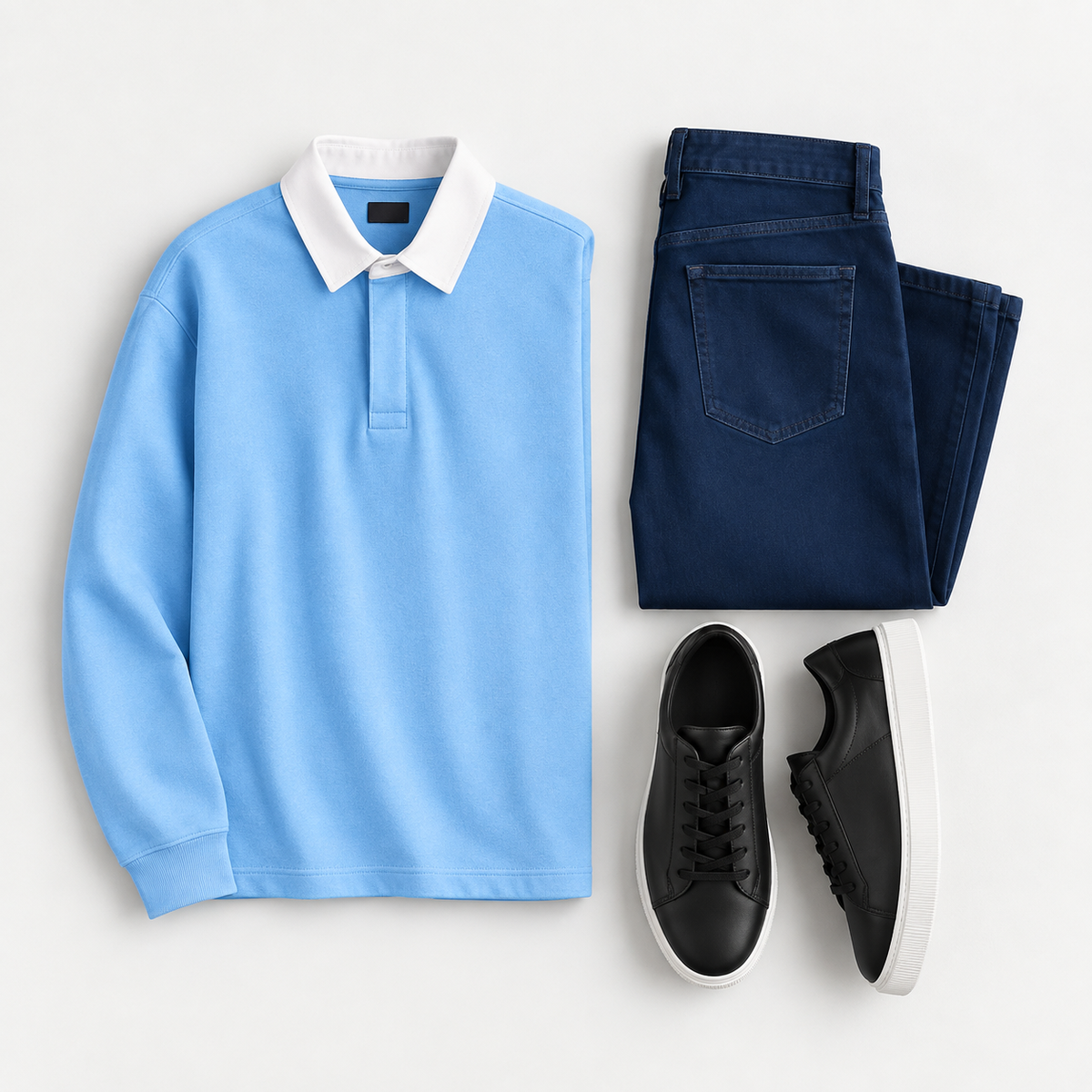 Sky Blue Polo, Navy Denim & Black Sneakers