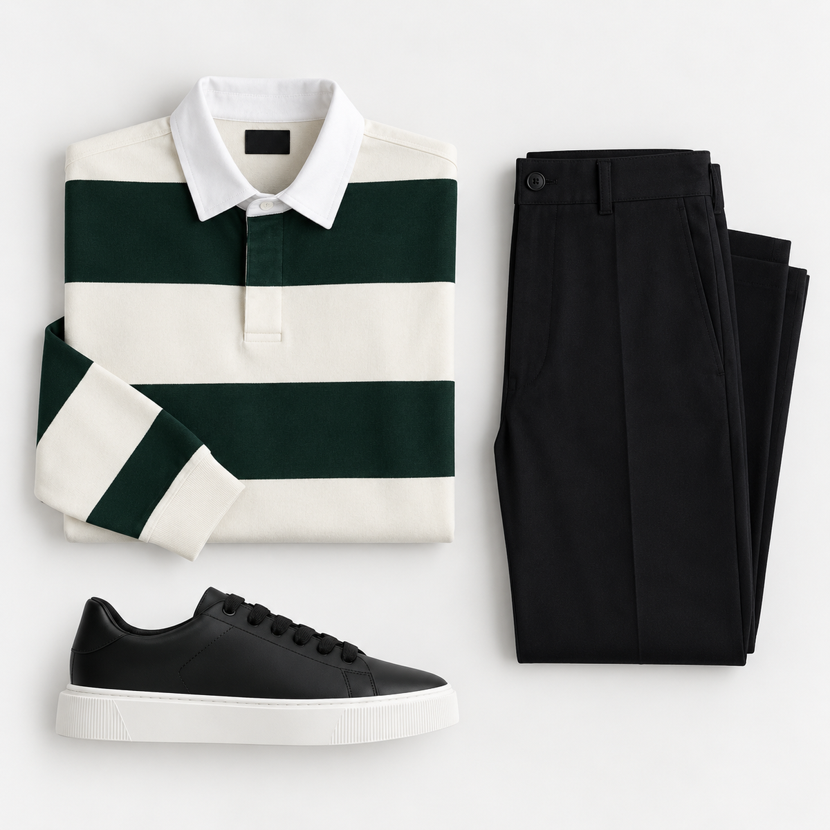 Green & Cream Rugby Polo, Black Trousers & Sneakers