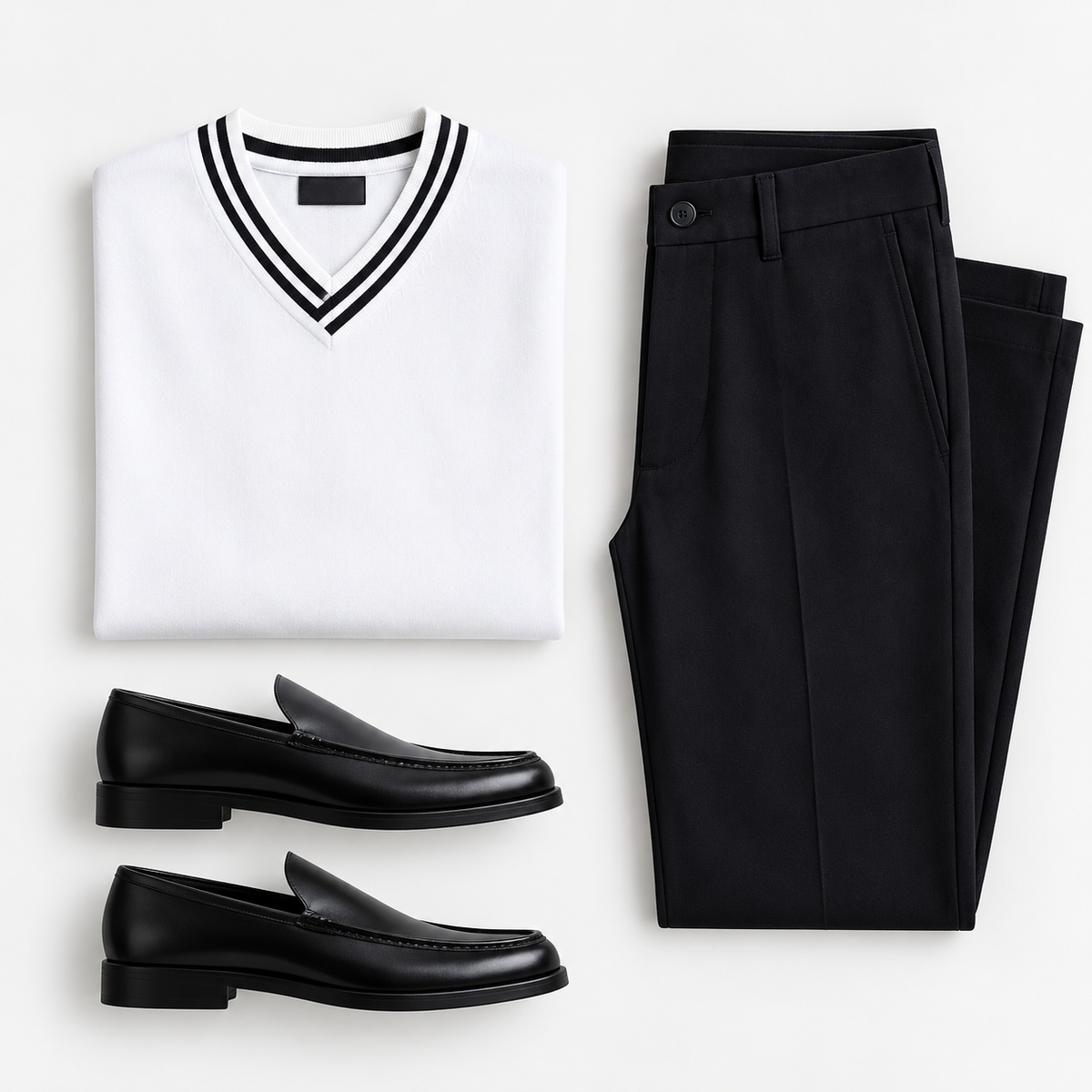White V-Neck Knit, Black Trousers & Leather Loafers