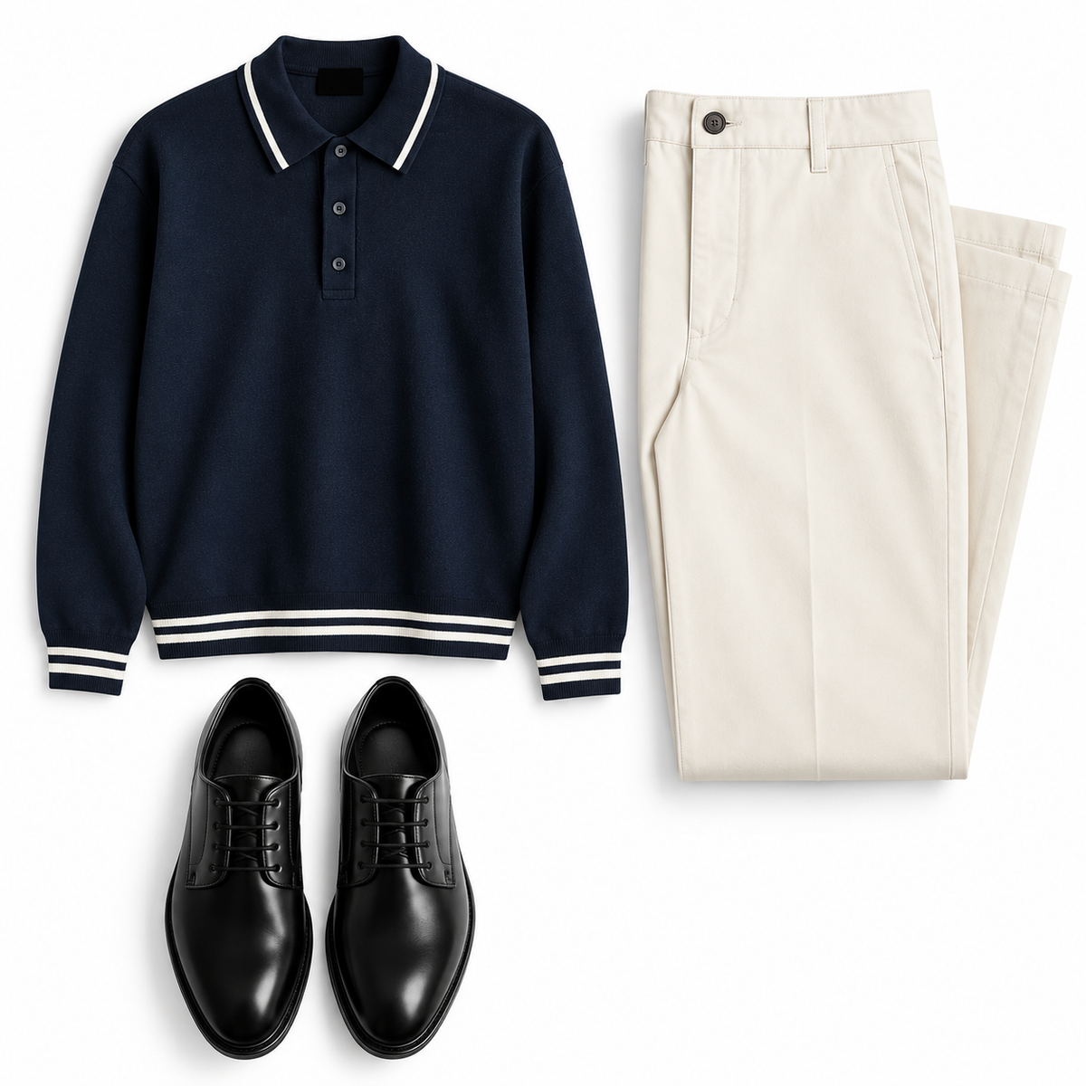 Navy polo / cream trousers / black shoes