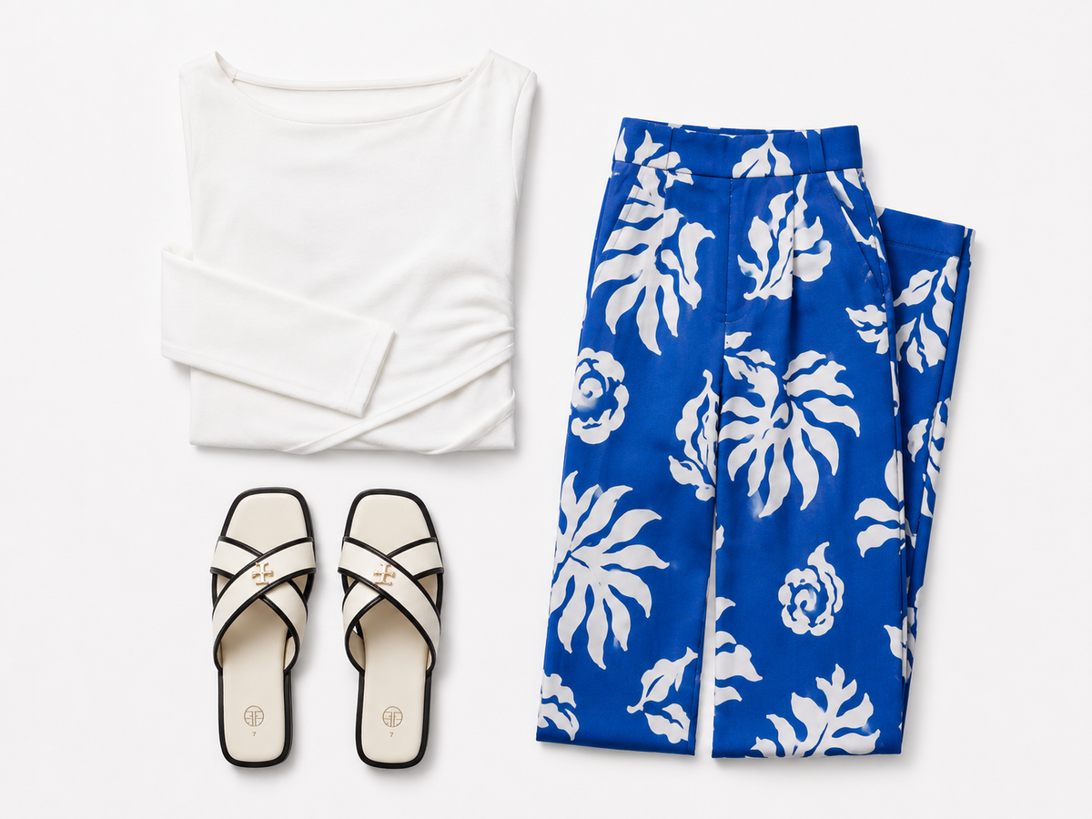White Top, Blue Floral Trousers & White Slide Sandals