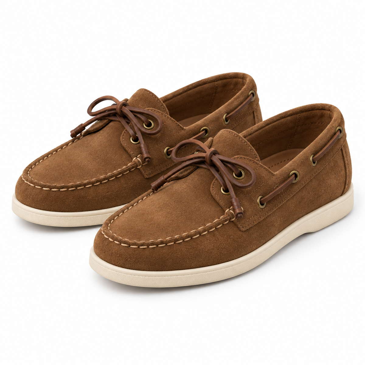 Cream Quarter-Zip Knit, Brown Chinos & Suede Boat Shoes