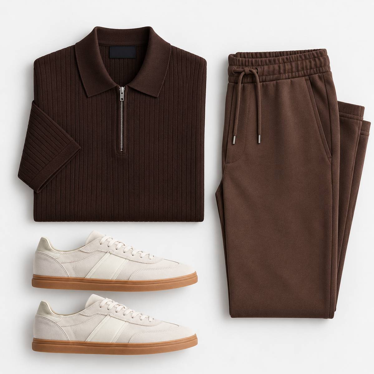 Chocolate Brown Zip Polo, Joggers & Cream Sneakers