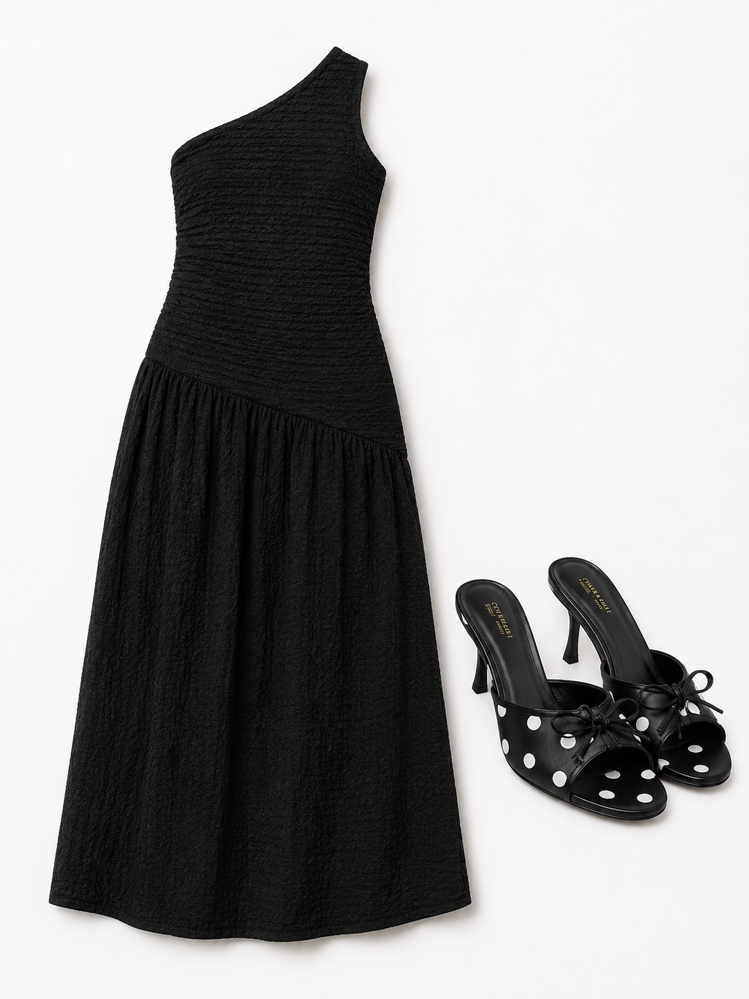 lack One-Shoulder Midi Dress & Polka-Dot Heeled Mules