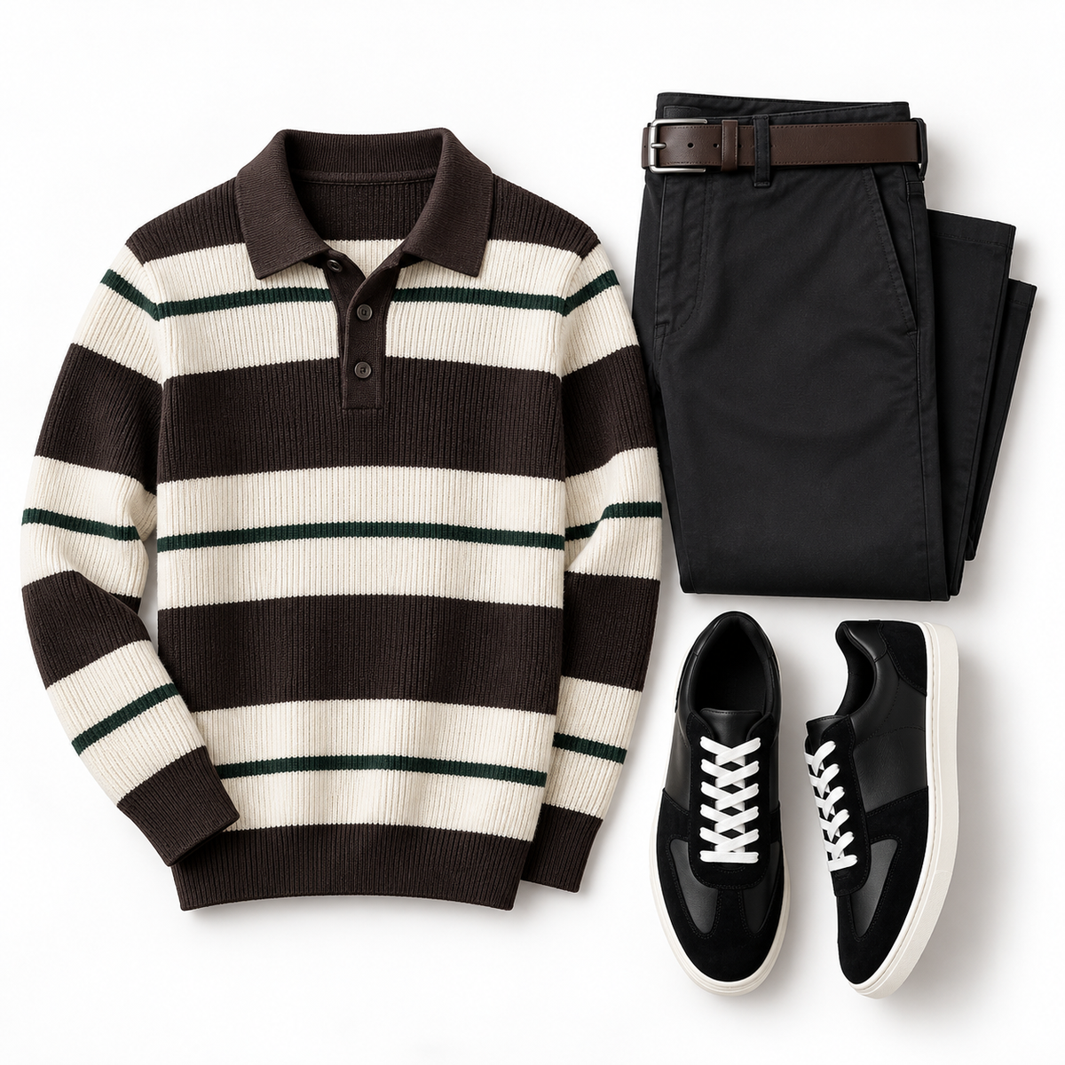 Brown & Cream Striped Knit Polo, Black Trousers & Sneakers