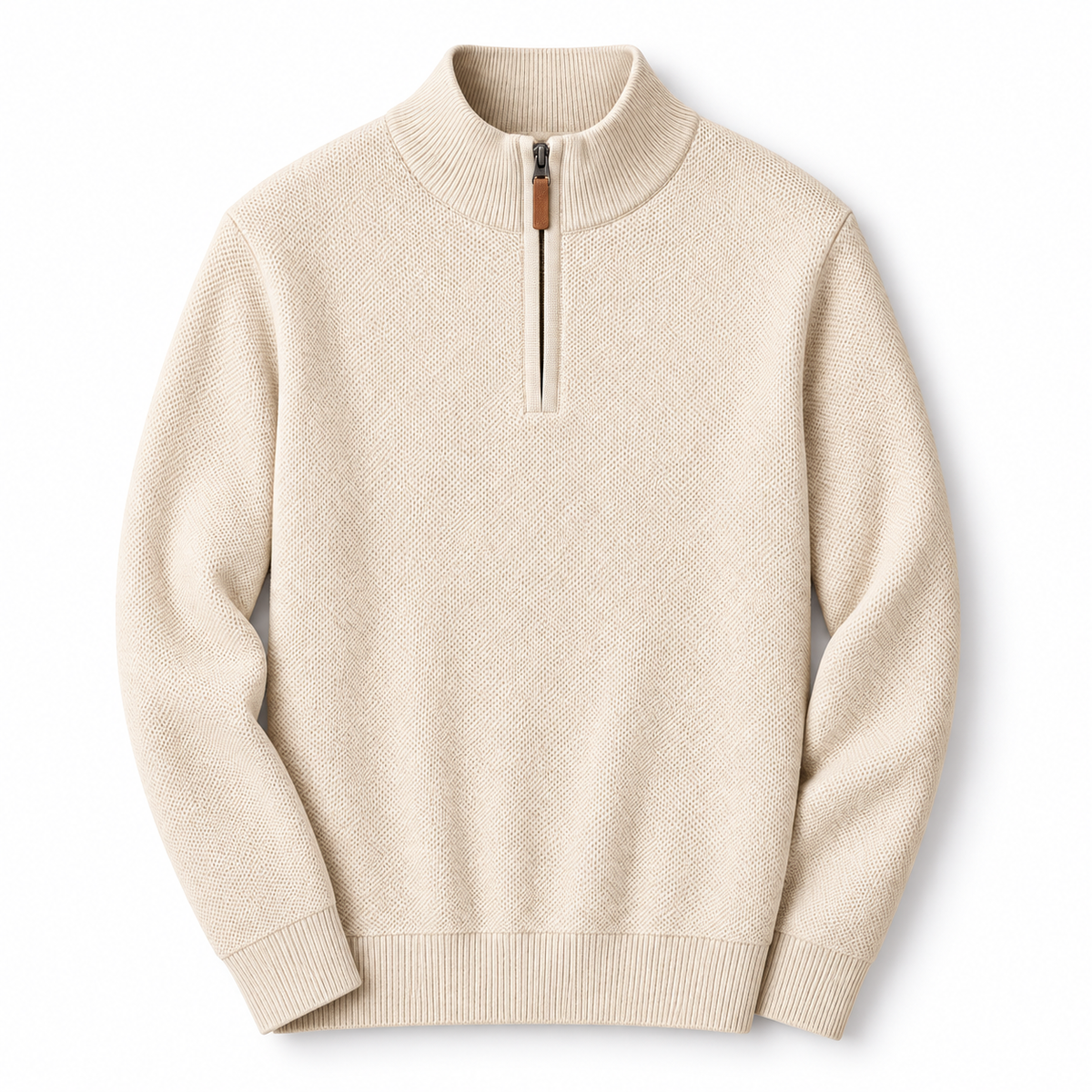 Cream Quarter-Zip Knit, Brown Chinos & Suede Boat Shoes