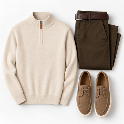 Cream Quarter-Zip Knit, Brown Chinos & Suede Boat Shoes