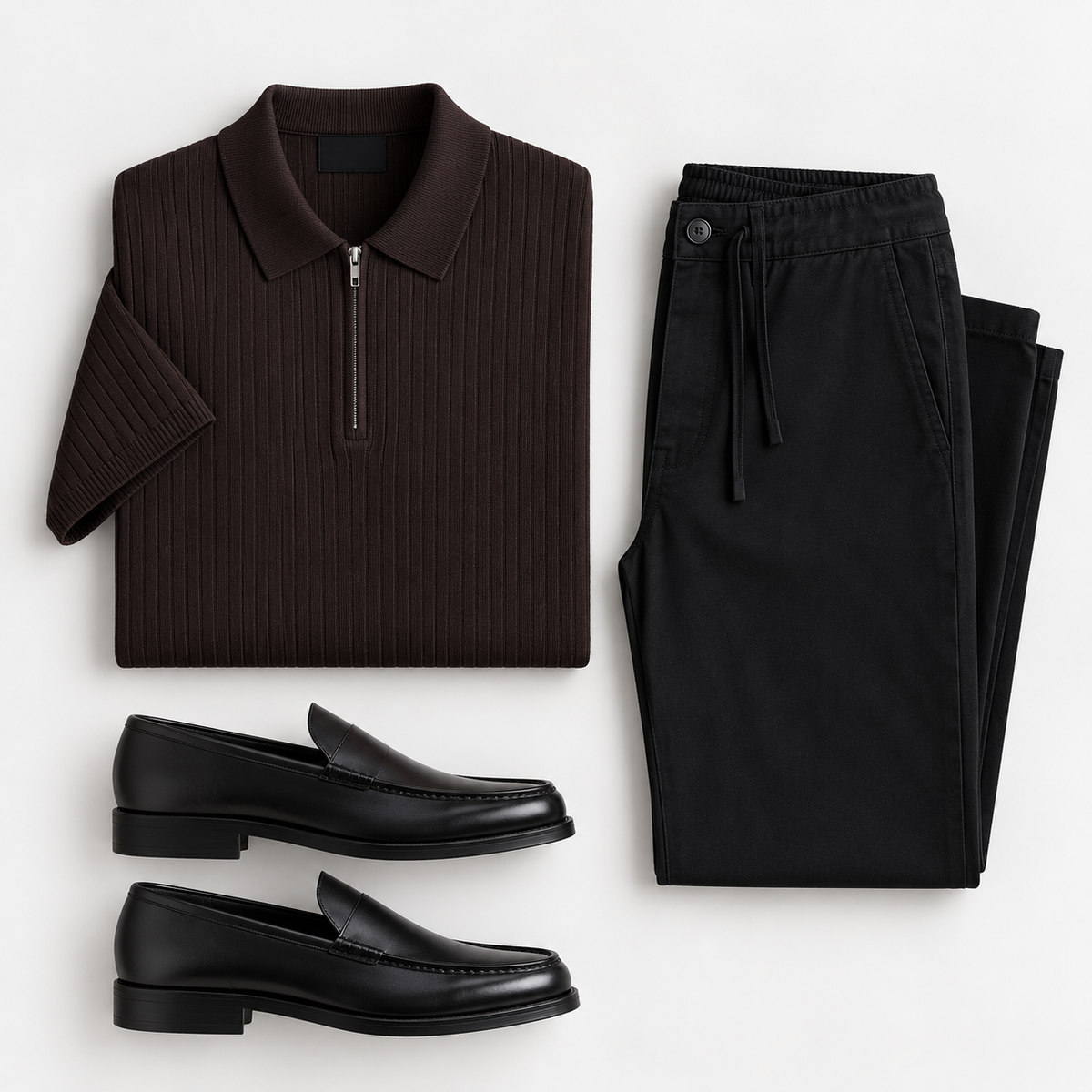 Chocolate Brown Zip Polo, Black Trousers & Leather Loafers