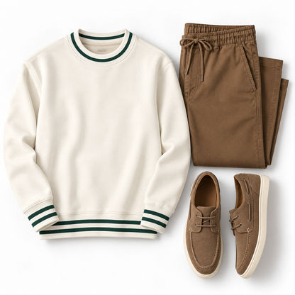 Cream Sweatshirt, Brown Joggers & Suede Boat Shoes