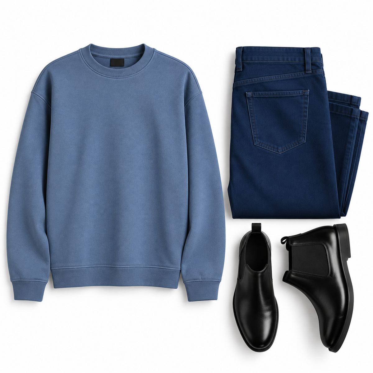 Dusty Blue Sweatshirt, Navy Trousers & Black Chelsea Boots