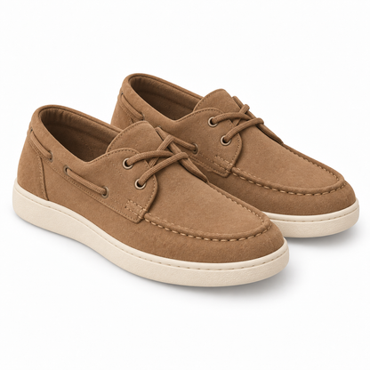 Cream Sweatshirt, Brown Joggers & Suede Boat Shoes