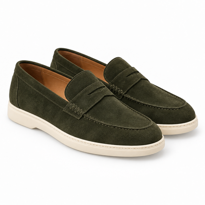 Green & Cream Knit Polo, Blue Denim & Suede Loafers