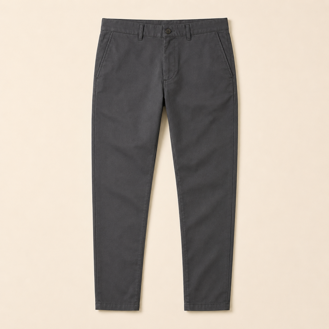 Charcoal-grey chinos flat lay