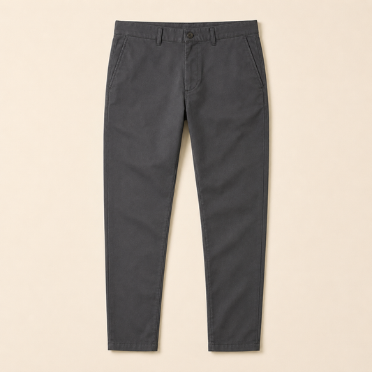Charcoal-grey chinos flat lay