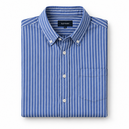 Blue Striped Shirt, Black Chinos & Black Sneakers
