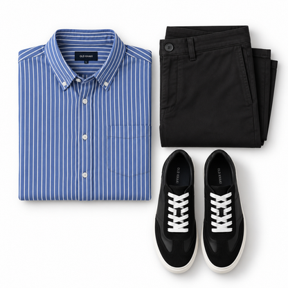 Blue Striped Shirt, Black Chinos & Black Sneakers