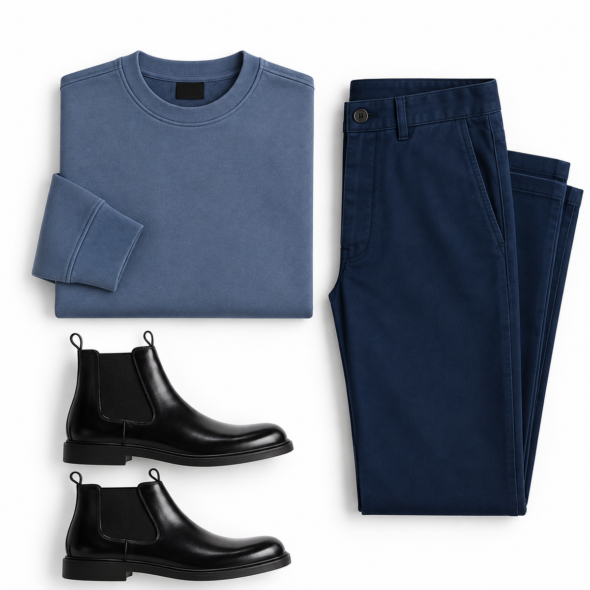Dusty Blue Sweatshirt, Navy Chinos & Black Chelsea Boots