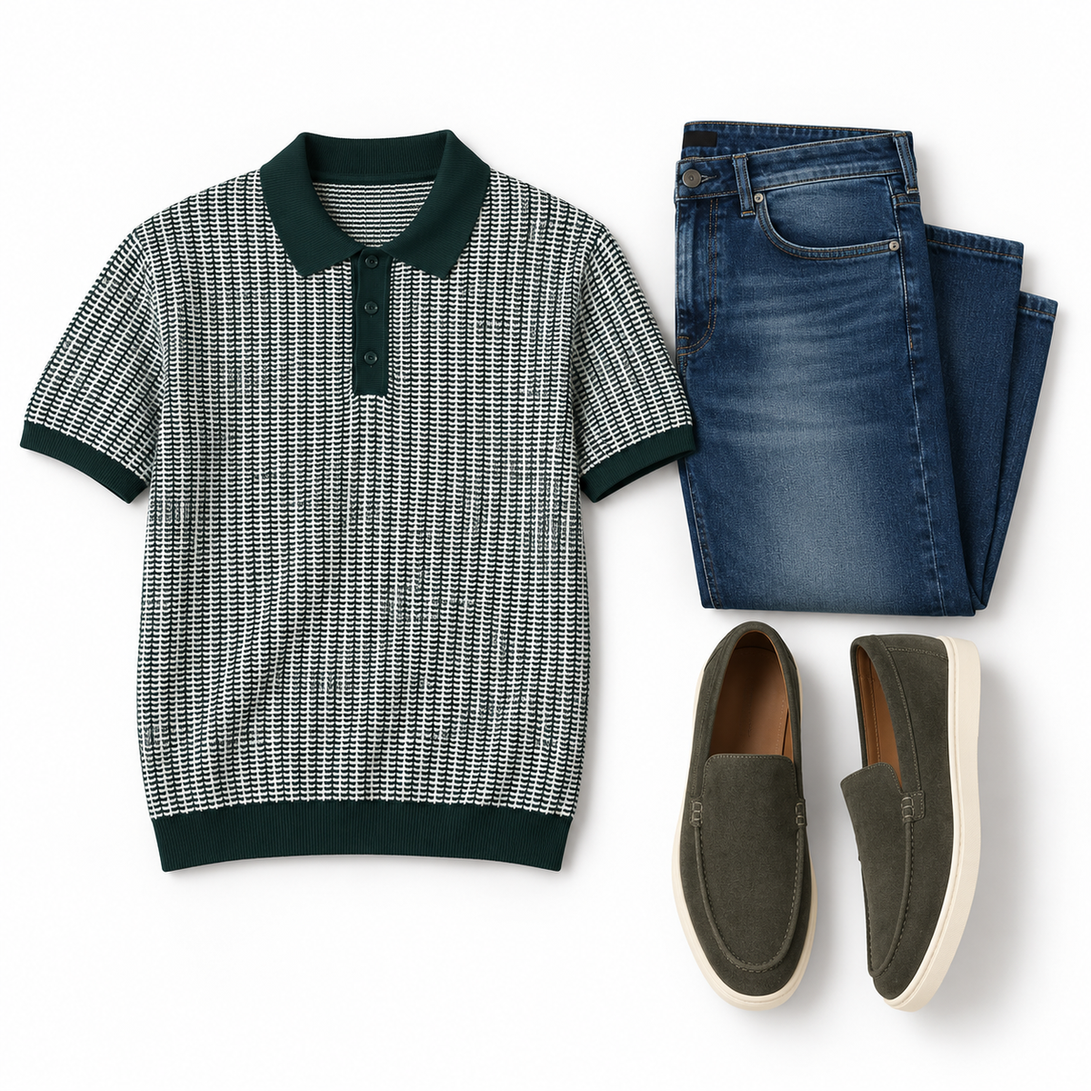 Green & Cream Knit Polo, Blue Denim & Suede Loafers