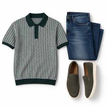 Green & Cream Knit Polo, Blue Denim & Suede Loafers