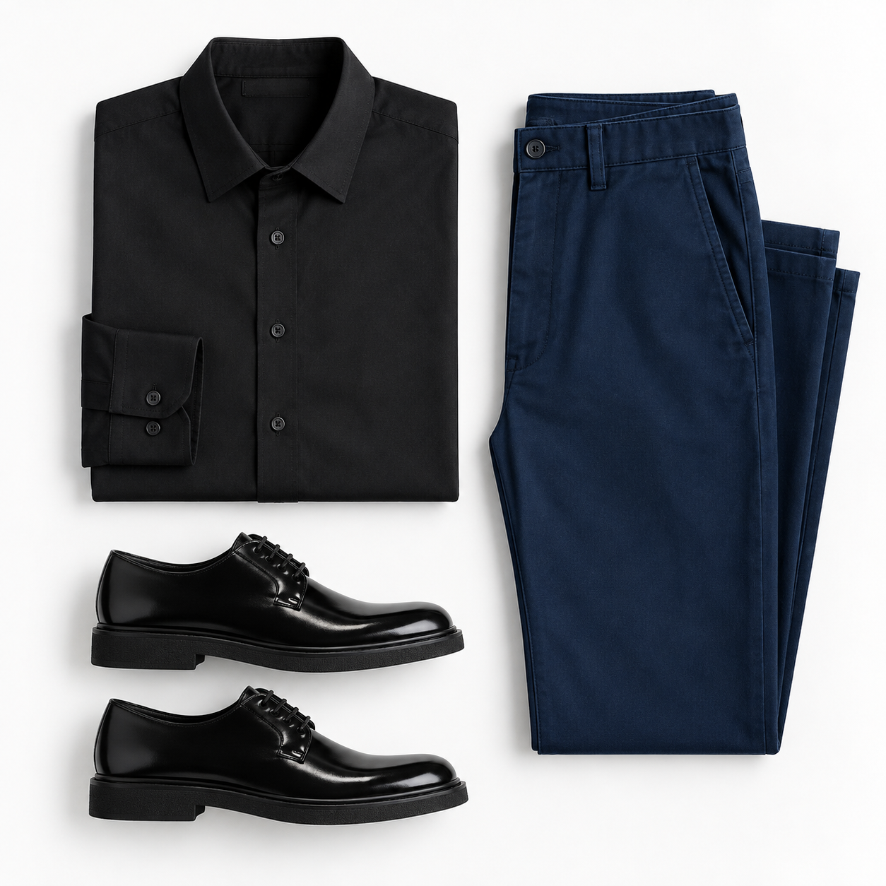 Men’s business-casual outfit with a black shirt, navy trousers and black Derby shoes
