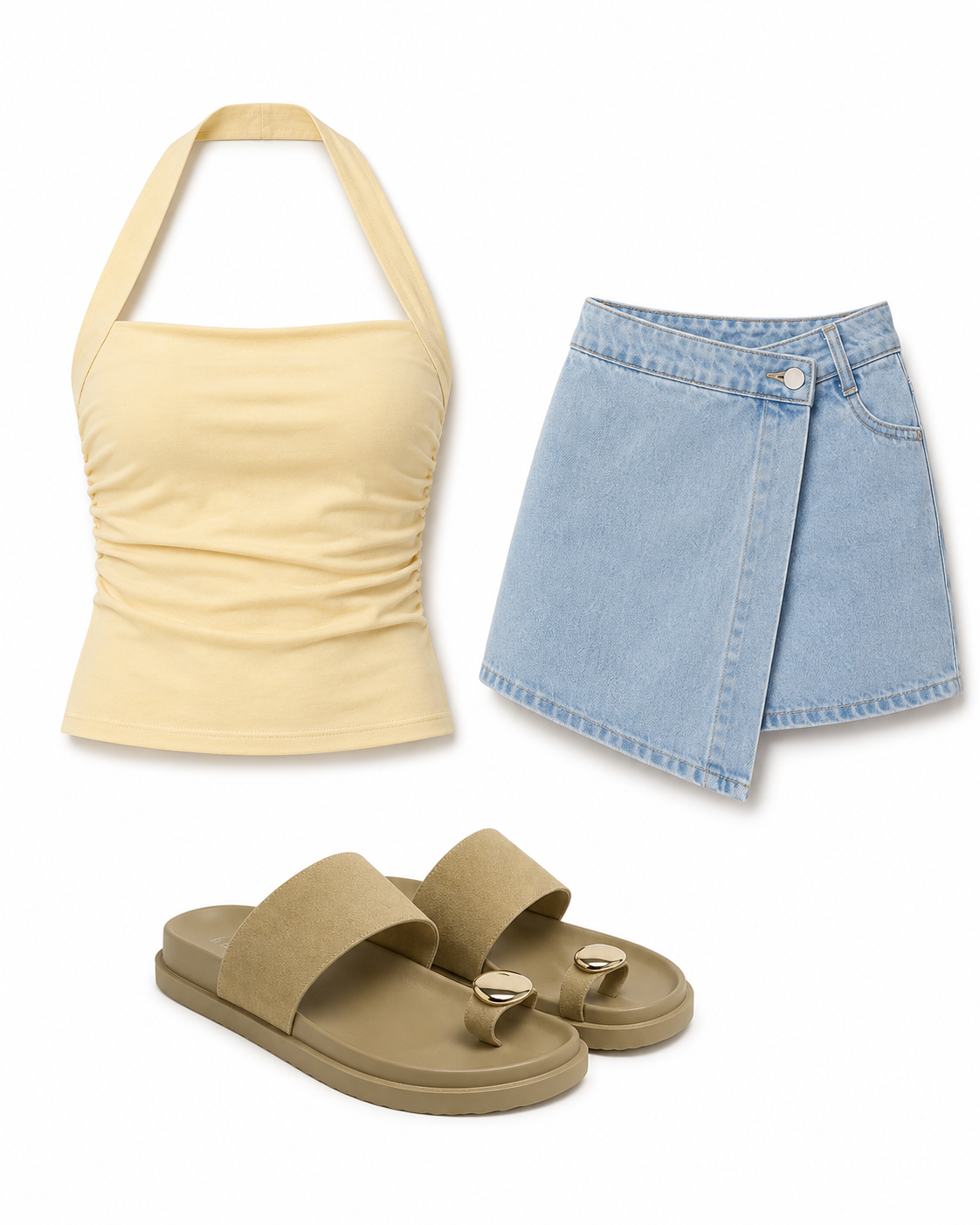 Folded women’s weekend outfit with a linen shirt, tank, wide-leg trousers and sneakers