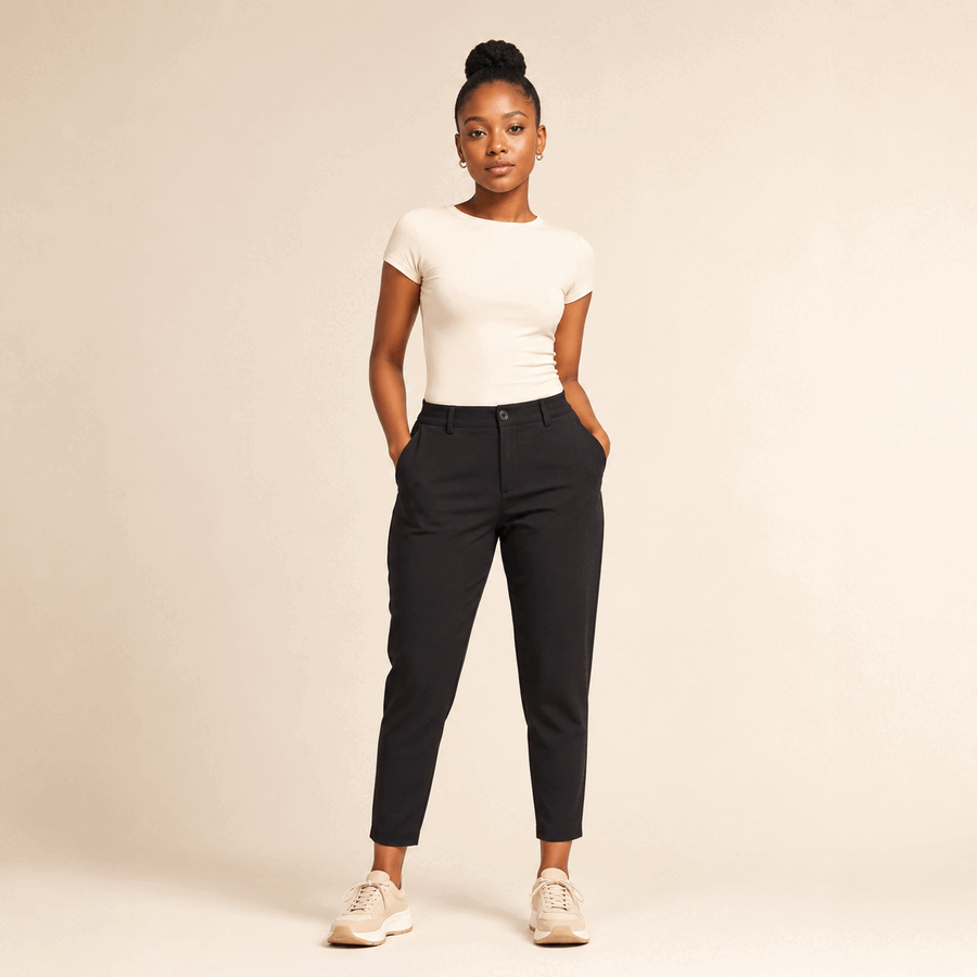 Model showing athletic-fit pants