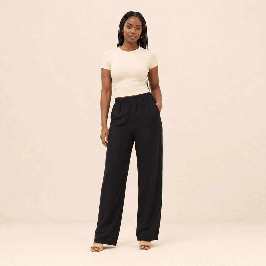 Model showing relaxed-fit pants