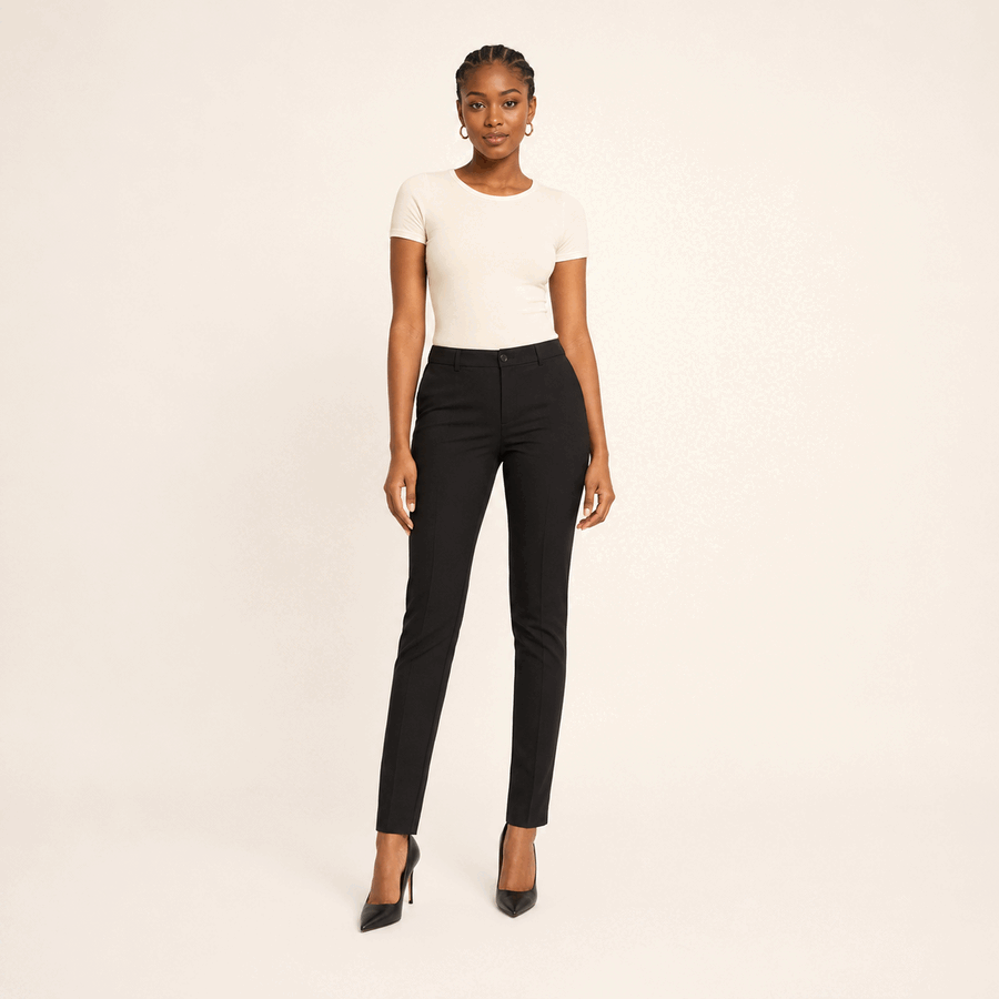 Model showing slim-fit pants
