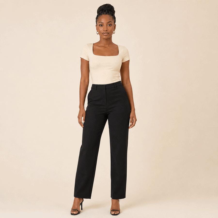 Model showing straight-fit pants