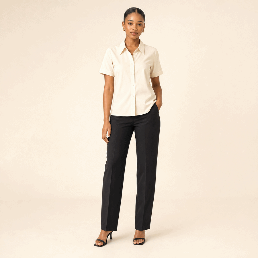 Model showing a classic-fit top