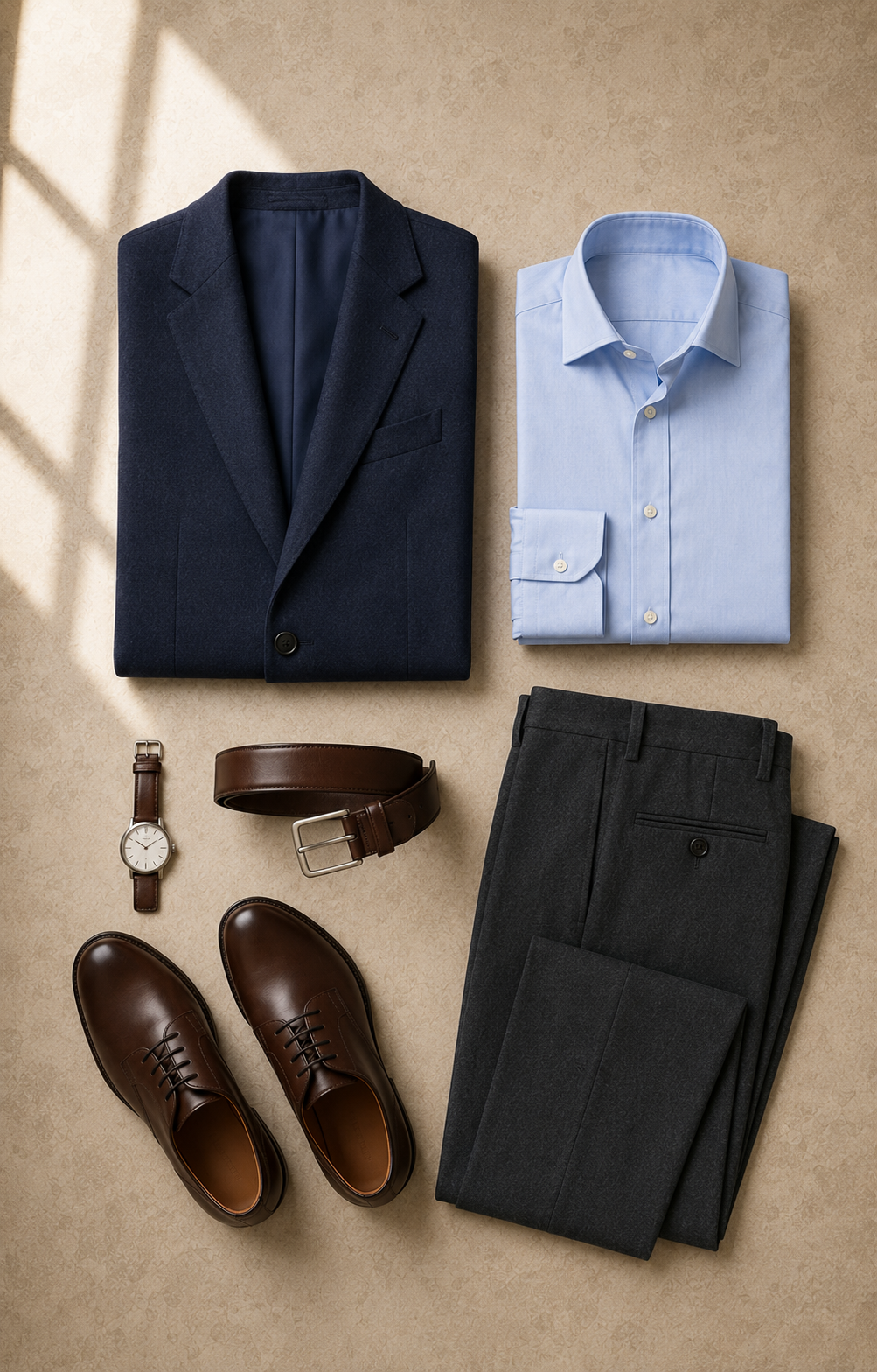 Folded men’s business-casual outfit with a navy blazer, shirt, trousers and derby shoes