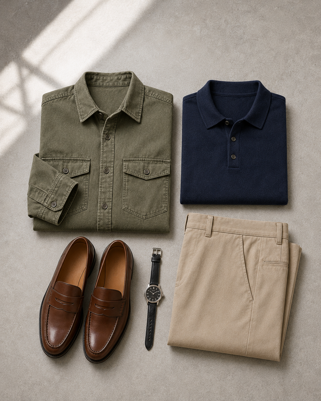 Folded men’s smart-casual outfit with an olive overshirt, navy polo, chinos and loafers