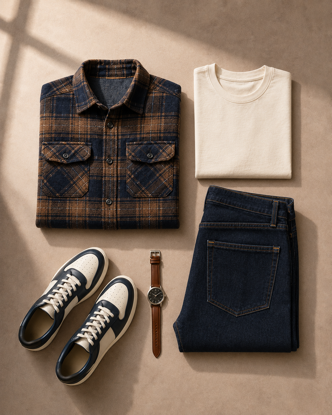 Folded men’s weekend outfit with a plaid overshirt, T-shirt, jeans and sneakers