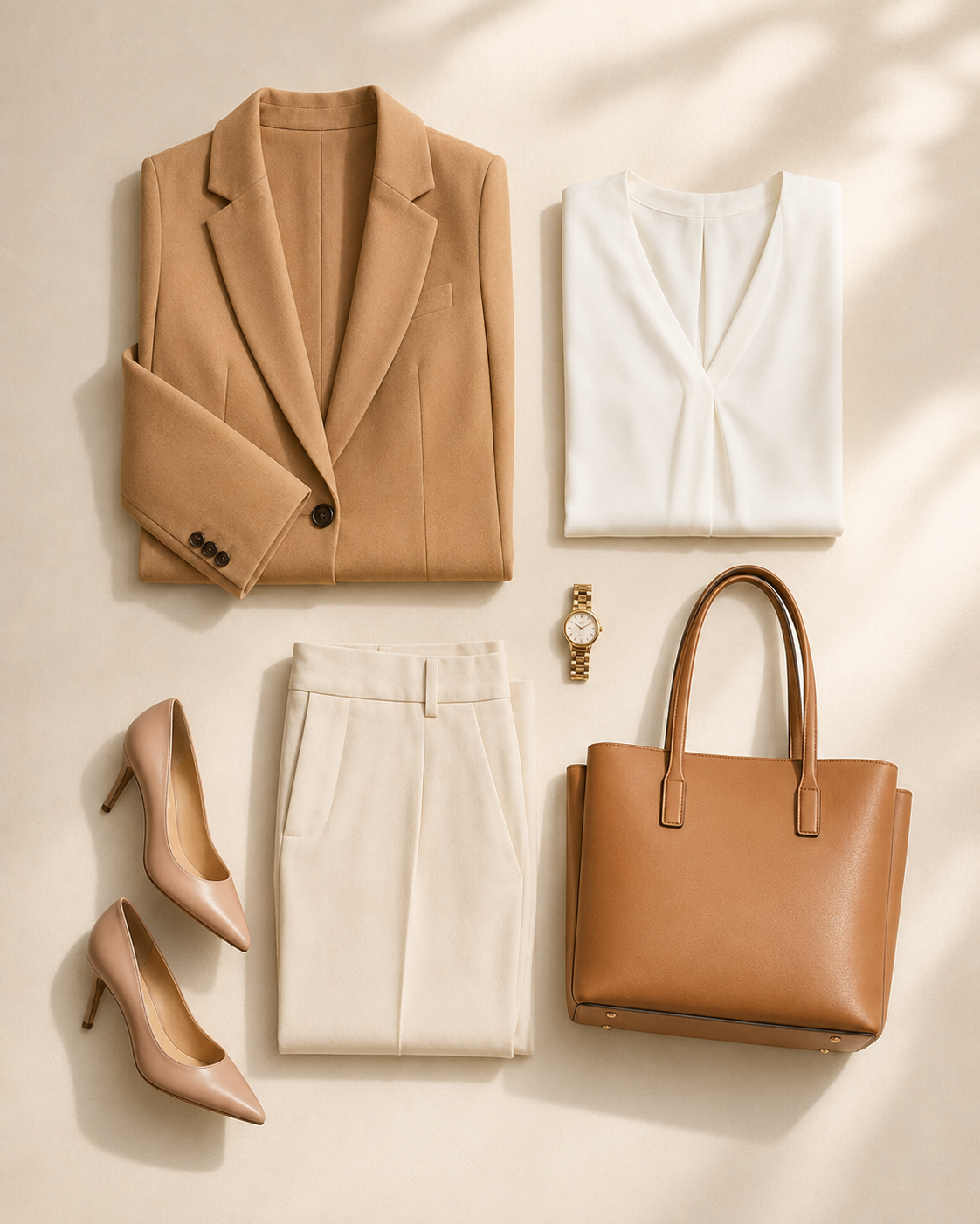 Folded women’s business-casual outfit with a blazer, blouse, tailored trousers and heels