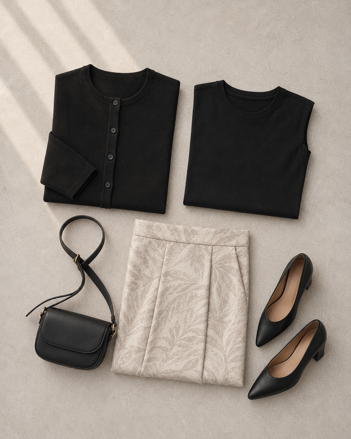 Folded women’s smart-casual outfit with a black top, cardigan and patterned skirt