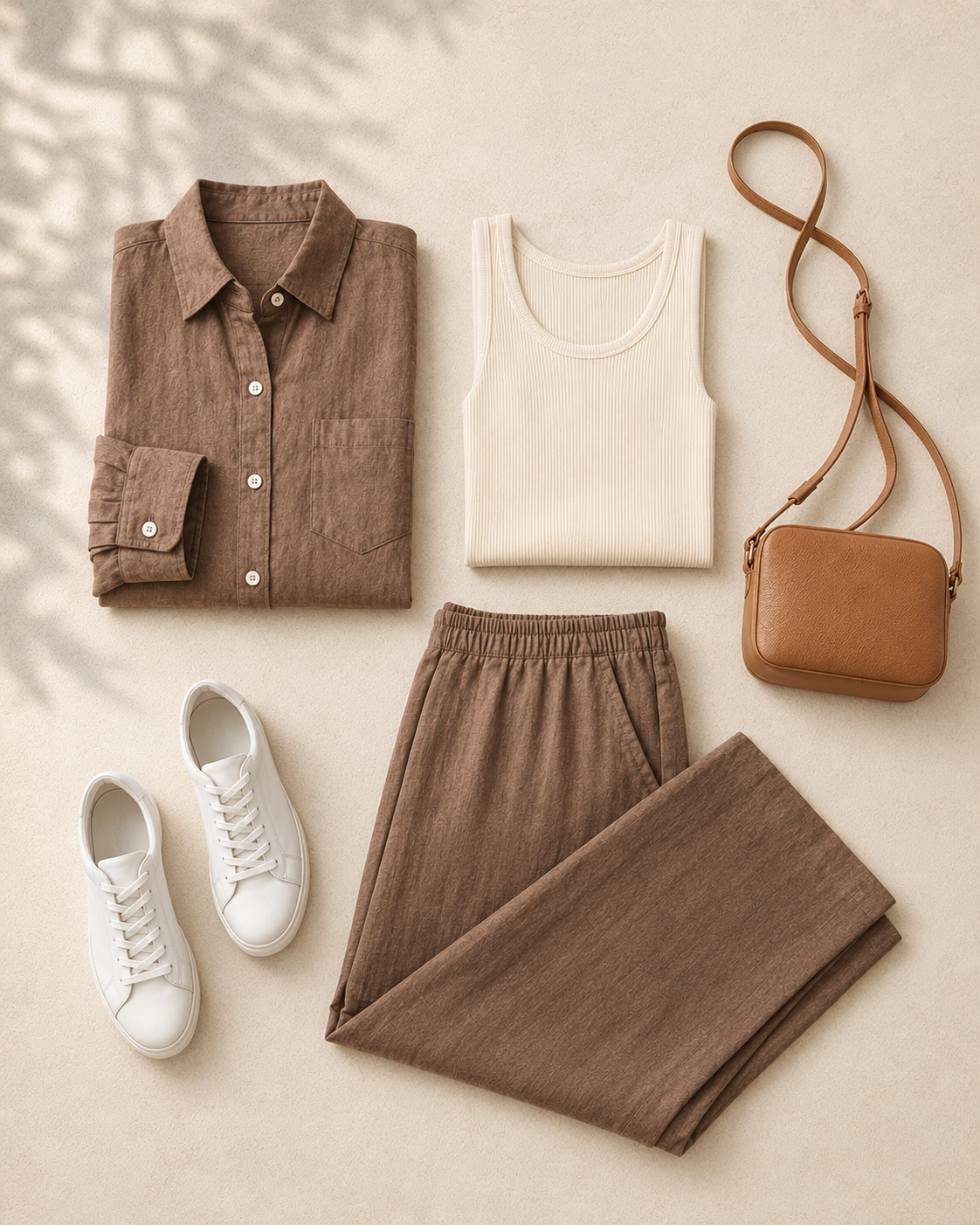 Folded women’s weekend outfit with a linen shirt, tank, wide-leg trousers and sneakers