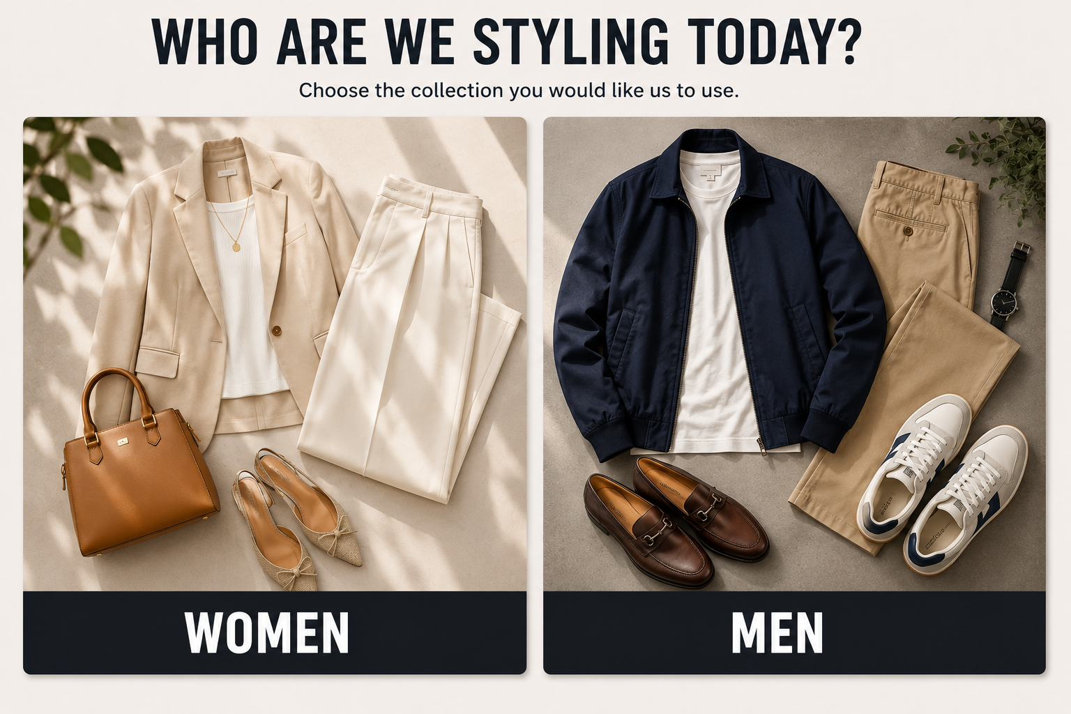 Who are we styling today? Choose the collection you would like us to use: Women or Men.